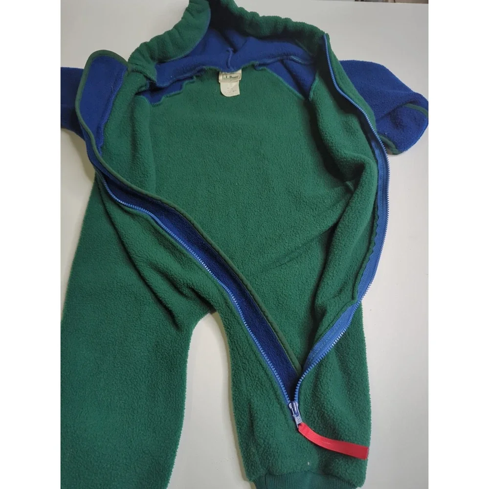 Vtg 90s LL Bean Baby Fleece Bunting Snowsuit 12-24M Pram Colorblock Green Blue